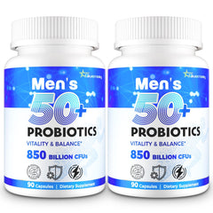 QIVERNAMY men's probiotic bottle shows 850B CFU potency for gut support on the go