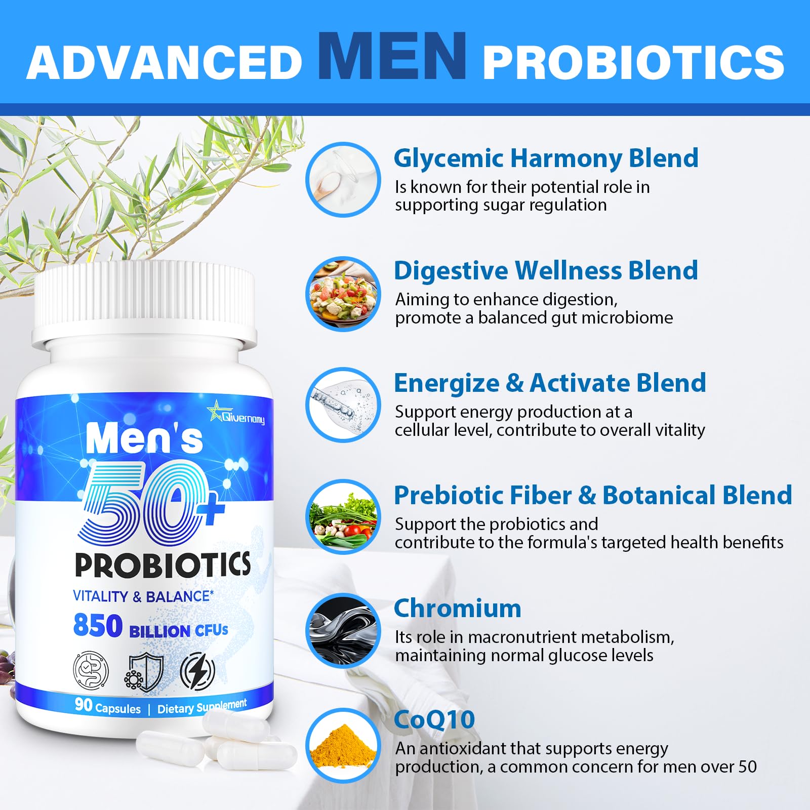 QIVERNAMY Probiotics for Men 50+ CoQ10 pill for energy-related wellness