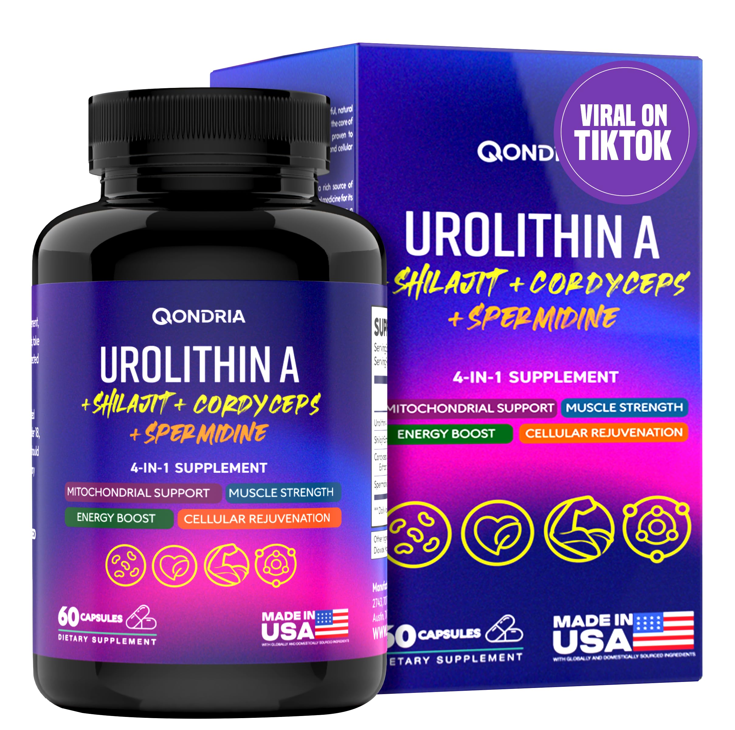 QONDRIA Urolithin A bottle pour supports easy daily energy use