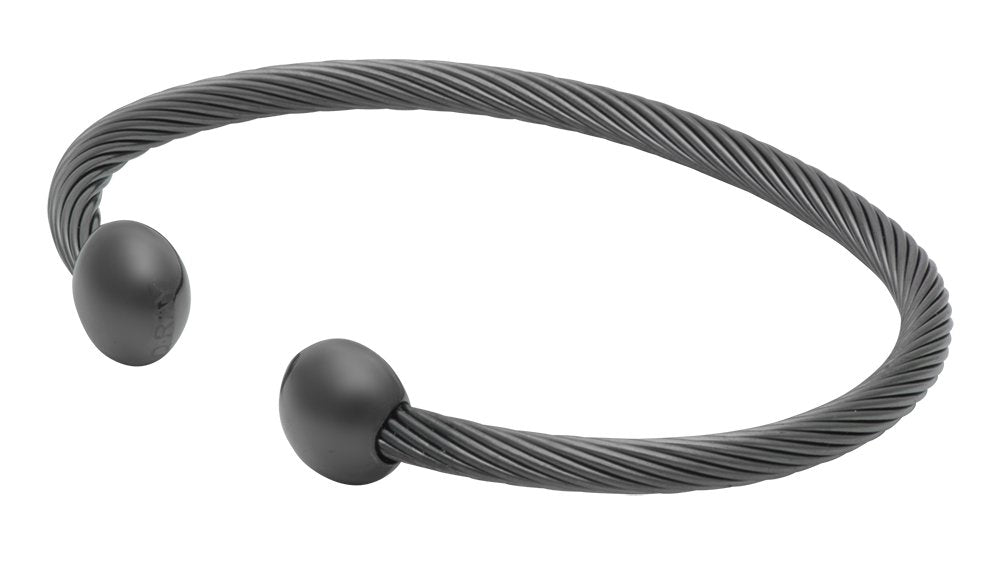QRAY Gun Metal Deluxe bracelet close-up shows C-shaped terminals for comfortable daily wear.