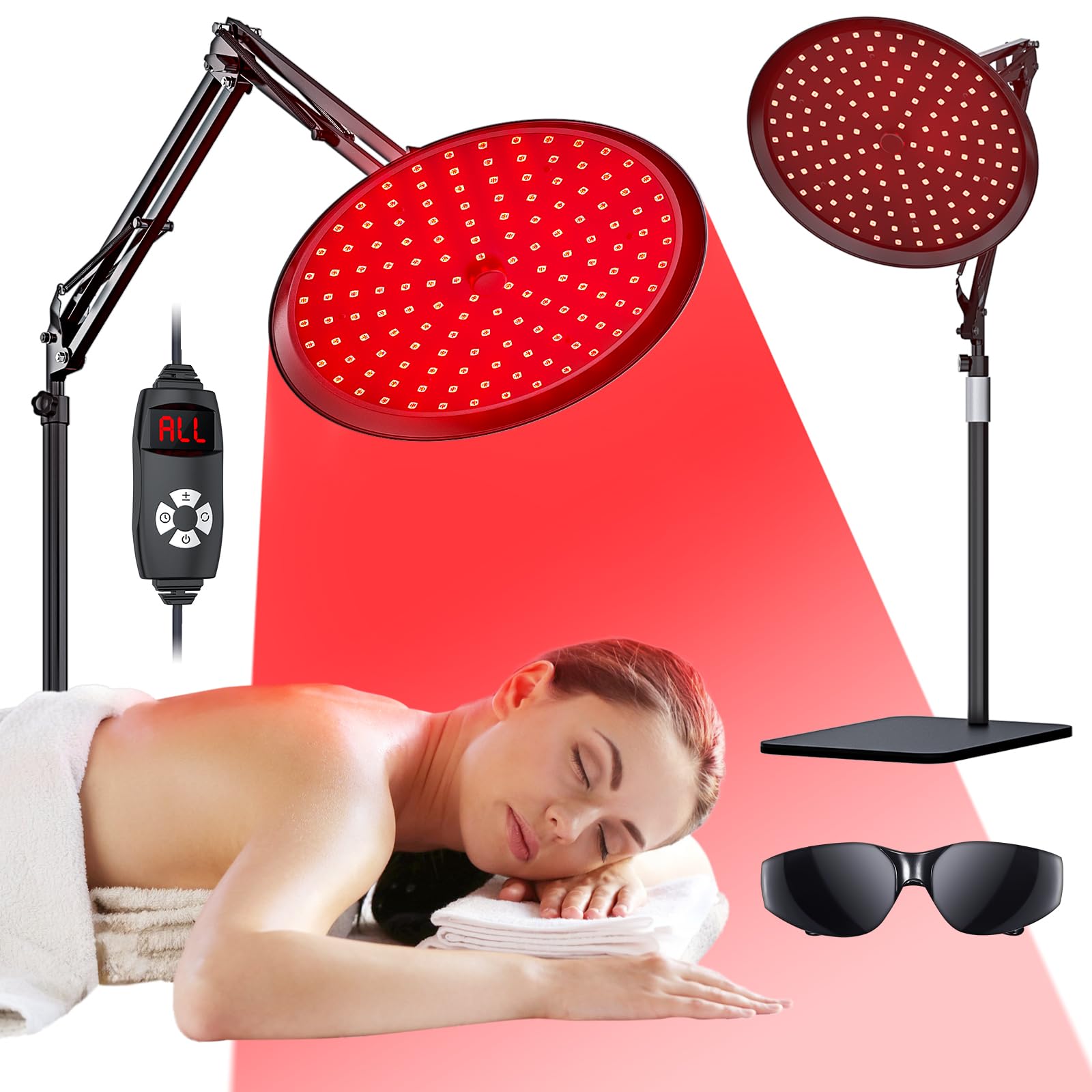 QRQ red light therapy lamp on a stand for full-body phototherapy use.
