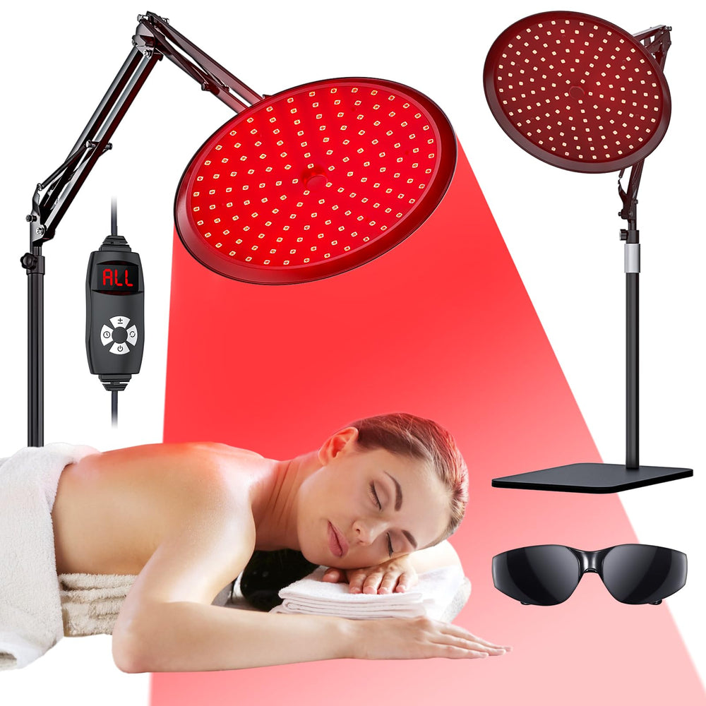 QRQ red light therapy lamp on a stand for full-body phototherapy use.