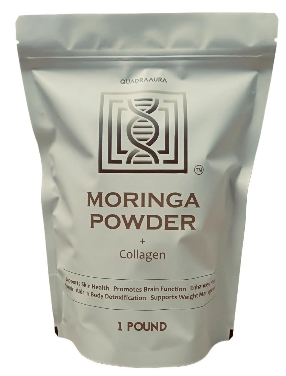 QuadraAura Moringa + Collagen Powder bottle shows pure, unsweetened two-ingredient blend