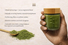 QuadraAura Moringa + Collagen Powder tub closeup highlights clean, filler-free ingredients