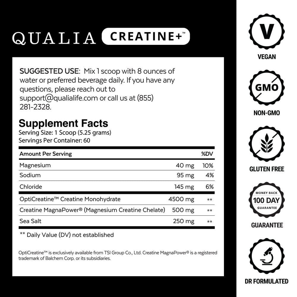 Qualia Creatine MagnaPower powder highlights magnesium support for energy regeneration.