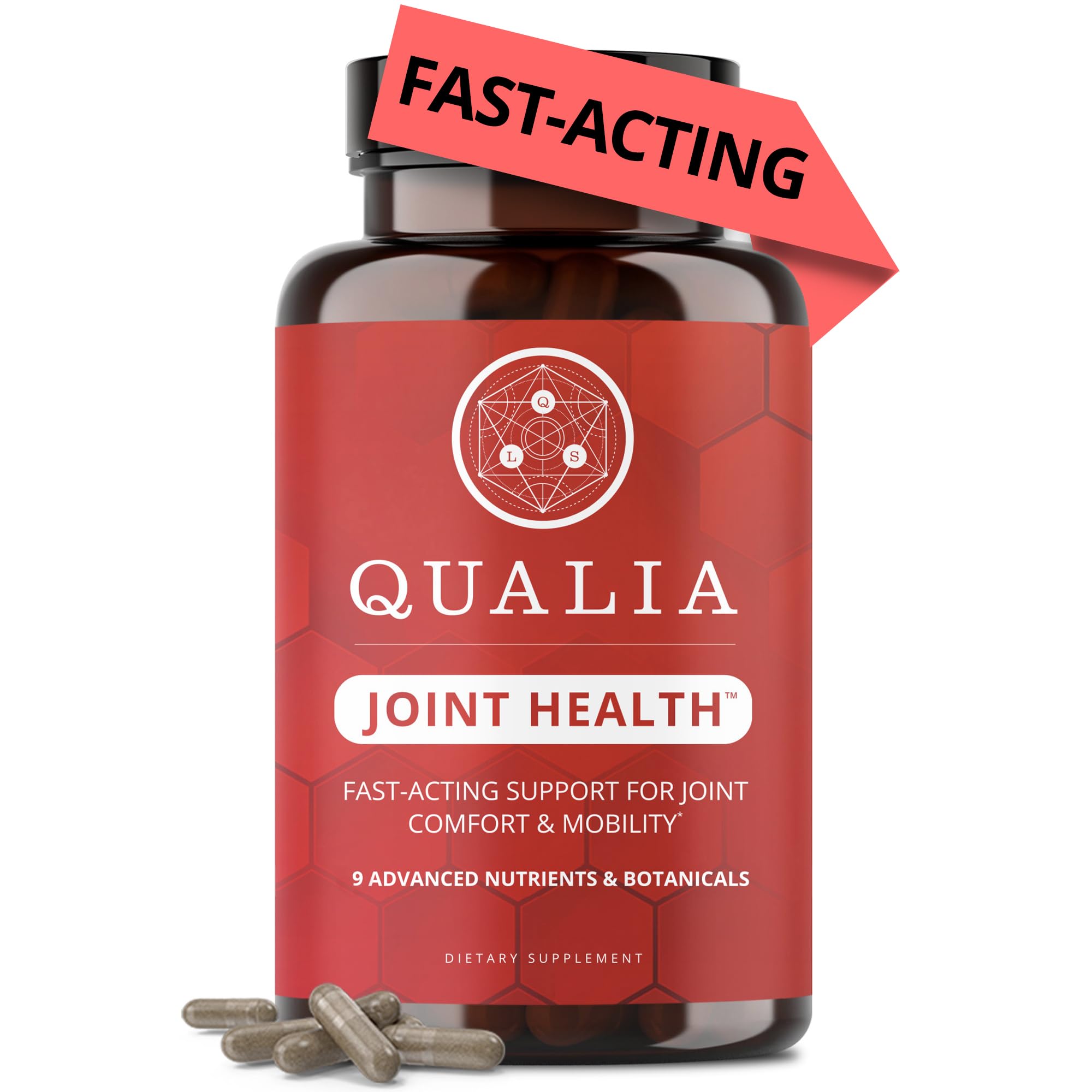Qualia Life Sciences Qualia Joint Health 9 bottle front view signaling premium joint support.