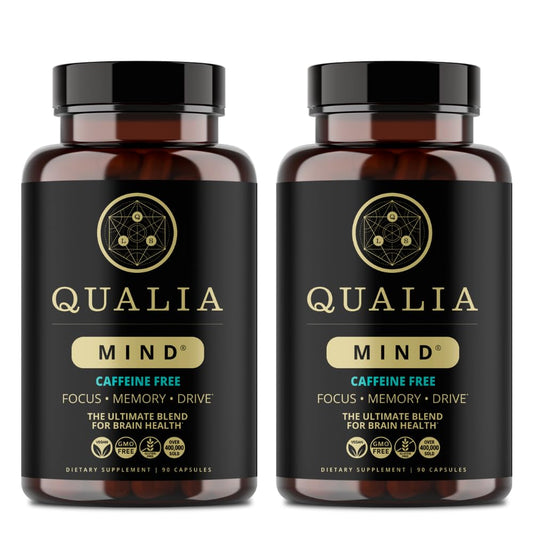 Qualia Mind caffeine-free bottle front shows focused brain support for deep work