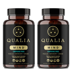 Qualia Mind caffeine-free bottle front shows focused brain support for deep work
