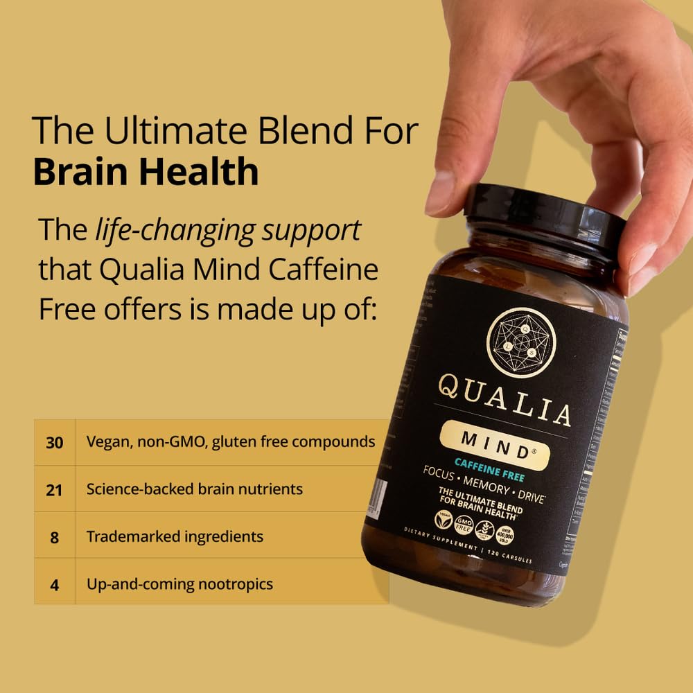 Qualia Mind capsules on white background offer caffeine-free focus on demand