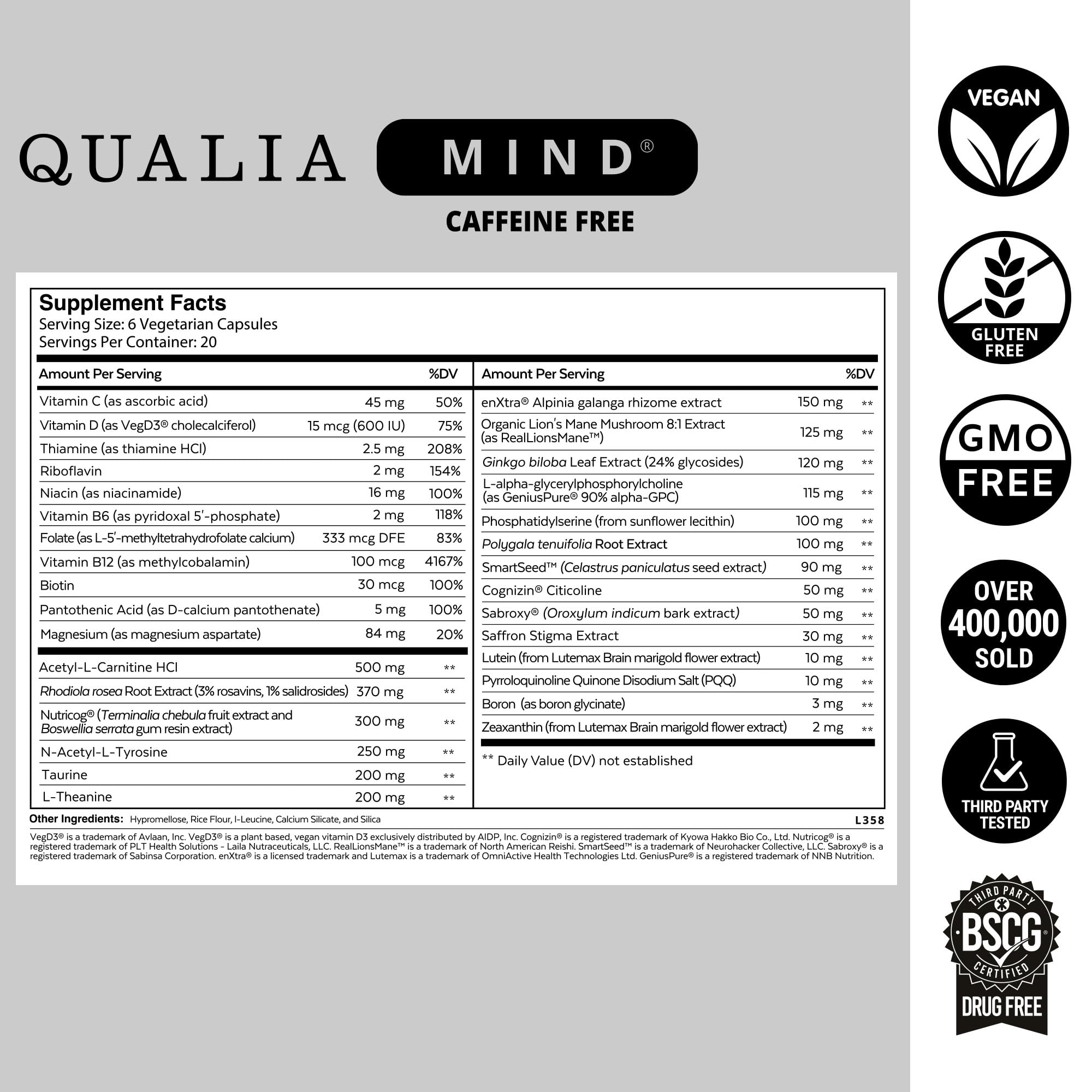 Qualia Mind ingredient visuals emphasize natural brain nutrients for steady attention