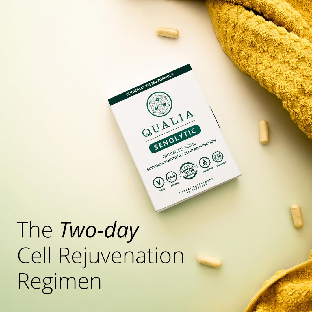Qualia Life Sciences Senolytic Ultimate packaging on shelf highlighting wellness support.