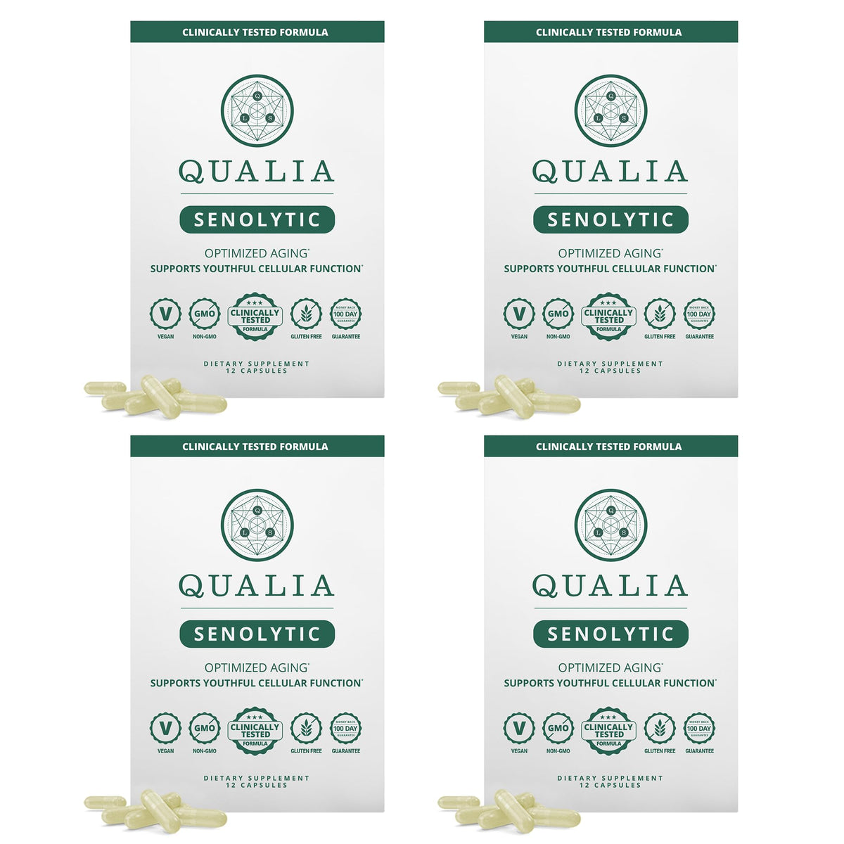 Qualia Life Sciences Senolytic Ultimate bottle front for cellular support.