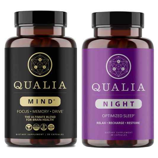 Qualia Mind 2.0 bottle shown, potential focus boost for workdays.