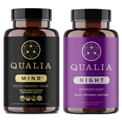Qualia Mind 2.0 bottle shown, potential focus boost for workdays.
