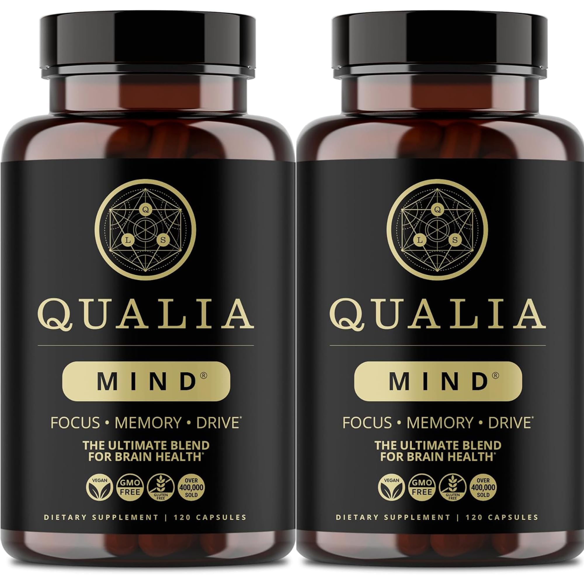 Qualia Mind bottle front with capsules visible for sharper focus and motivation