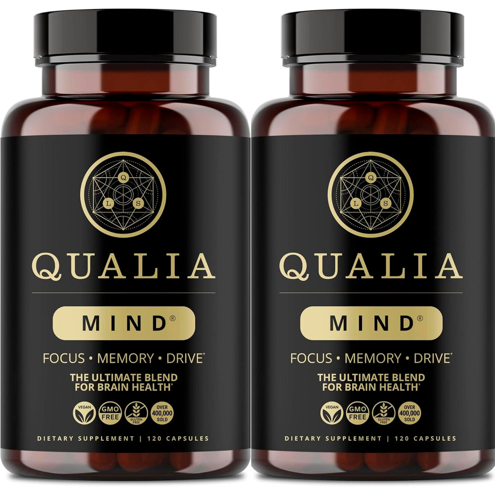 Qualia Mind bottle front with capsules visible for sharper focus and motivation