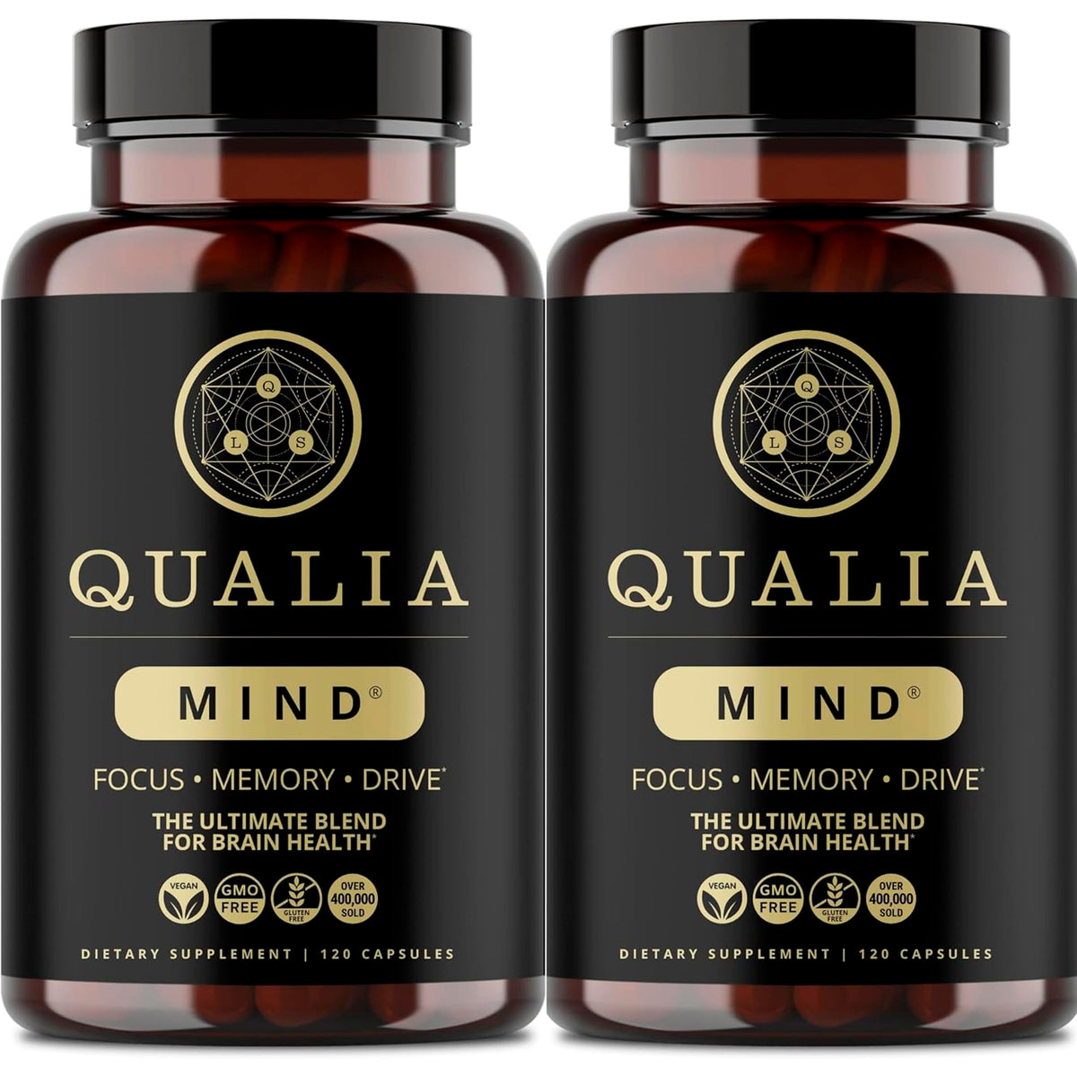 Qualia Mind bottle front with capsules visible for sharper focus and motivation