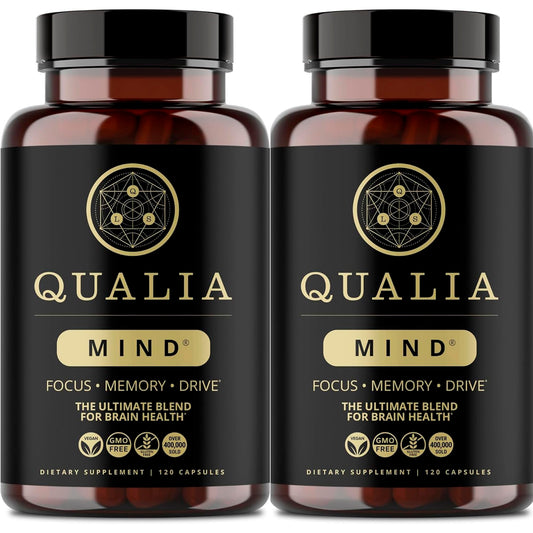 Qualia Mind bottle front with capsules visible for sharper focus and motivation