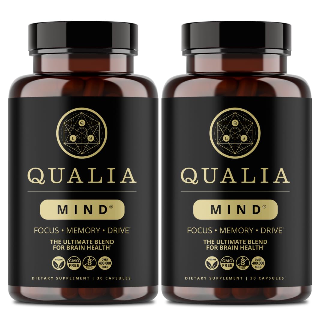 Qualia Mind bottle label closeup highlighting premium brain nutrients for focused work.