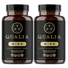 Qualia Mind bottle label closeup highlighting premium brain nutrients for focused work.