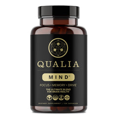 Qualia Mind bottle on desk signaling focus and productivity benefits.