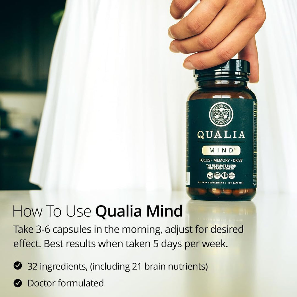 Qualia Mind bottle top view emphasizes compact daily dose format.