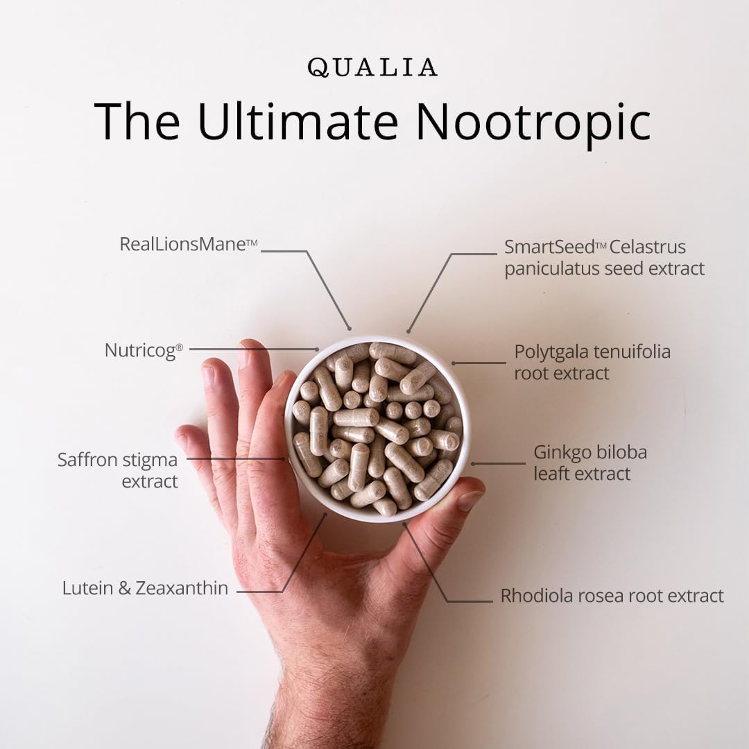 Qualia Mind bottle with glass and pill hints ease of daily routine.