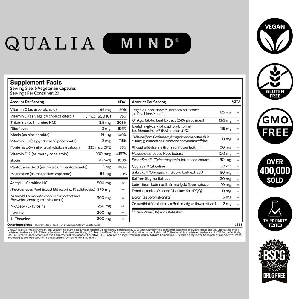 Qualia Mind bottle with glass conveys steady mental momentum.