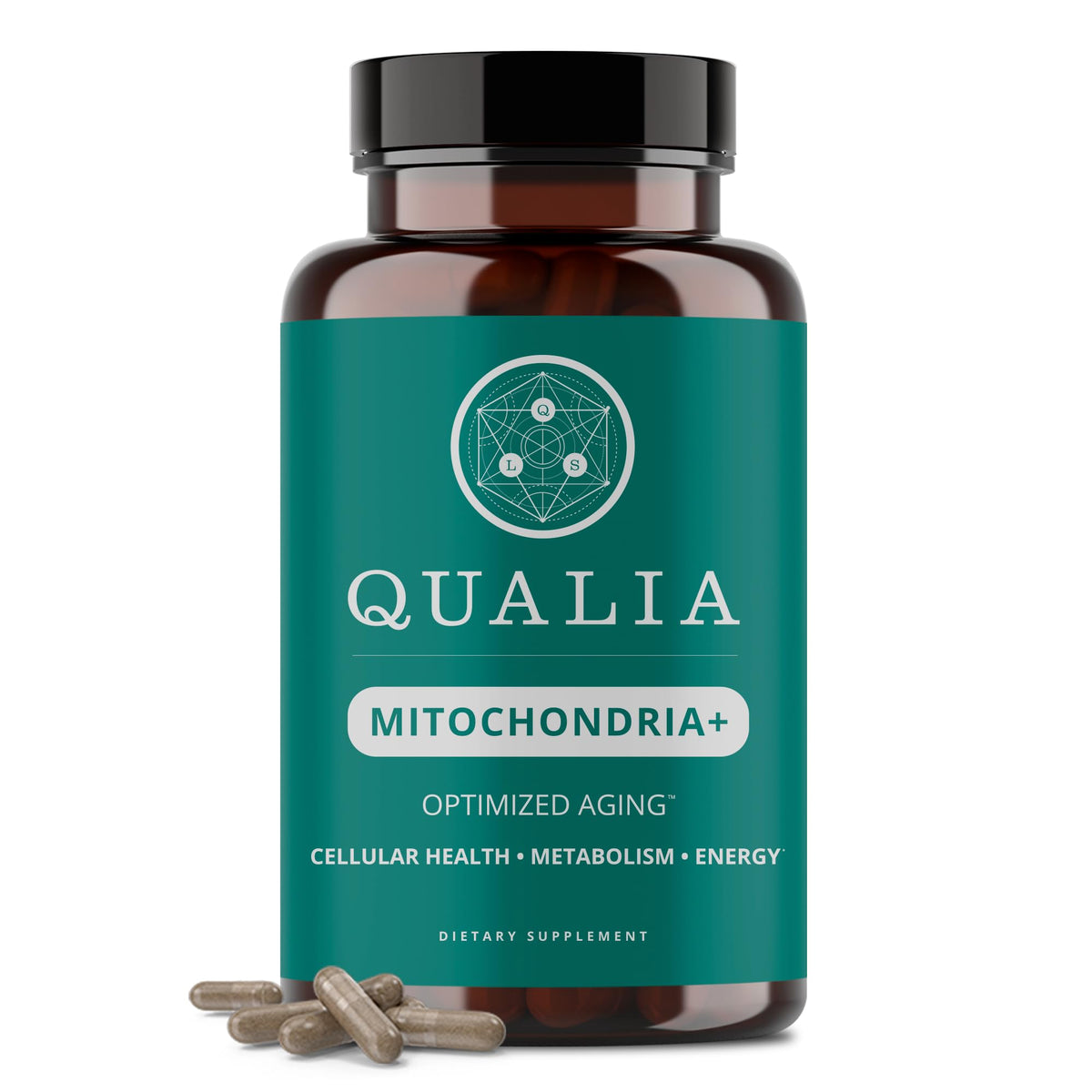 Qualia Mitochondria+ bottle close-up highlighting NAD+ support for cellular energy.
