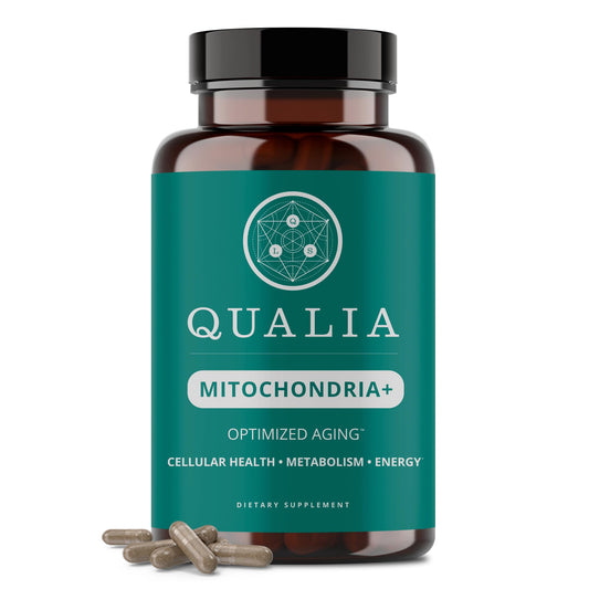 Qualia Mitochondria+ bottle close-up highlighting NAD+ support for cellular energy.