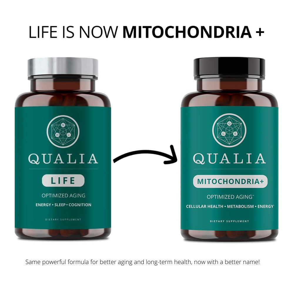 Qualia Mitochondria+ capsules pack showcases 35+ boosters for metabolism.