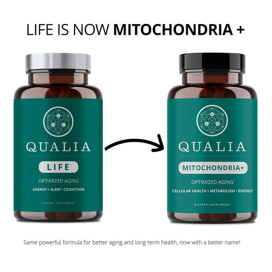 Qualia Mitochondria+ capsules pack showcases 35+ boosters for metabolism.