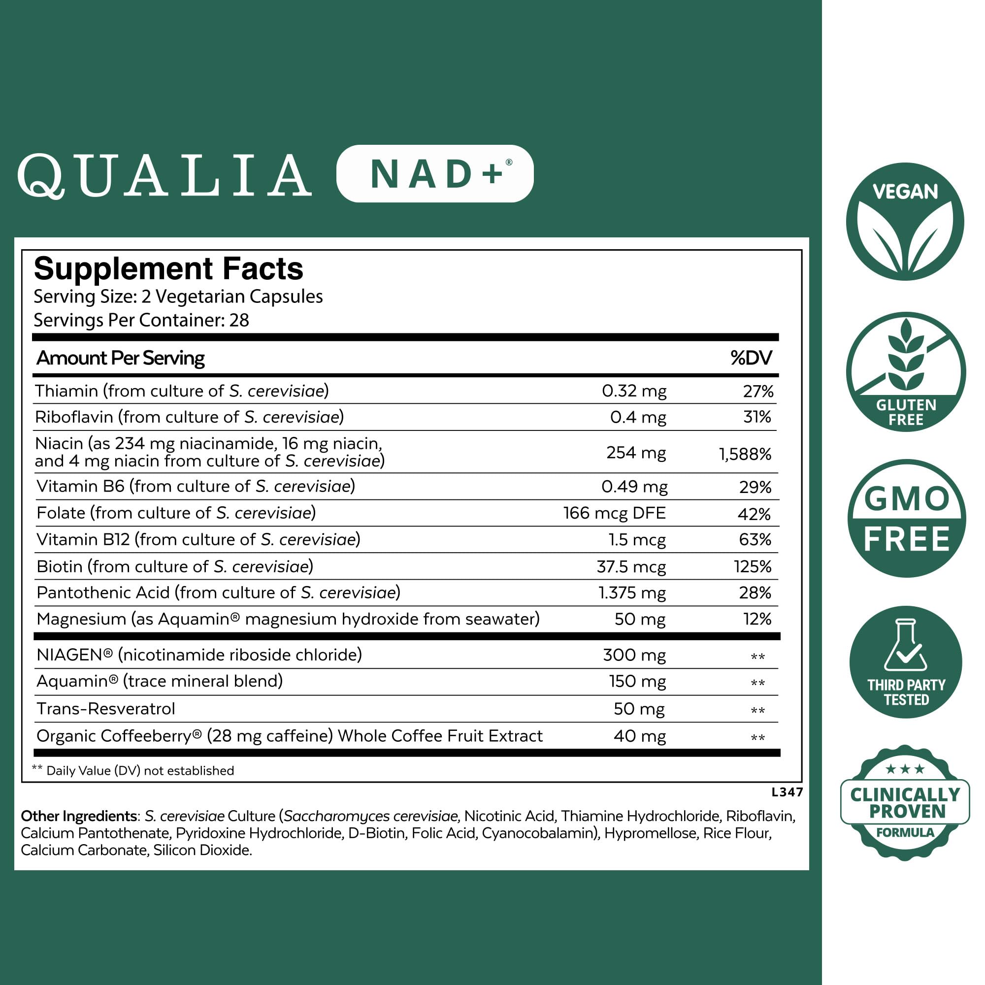 Qualia NAD supplement bottle back showing dosage details for consistent NAD+ support