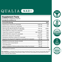 Qualia NAD supplement bottle back showing dosage details for consistent NAD+ support