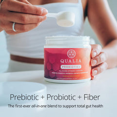 Qualia Probiotic bottle closeup emphasizes premium quality