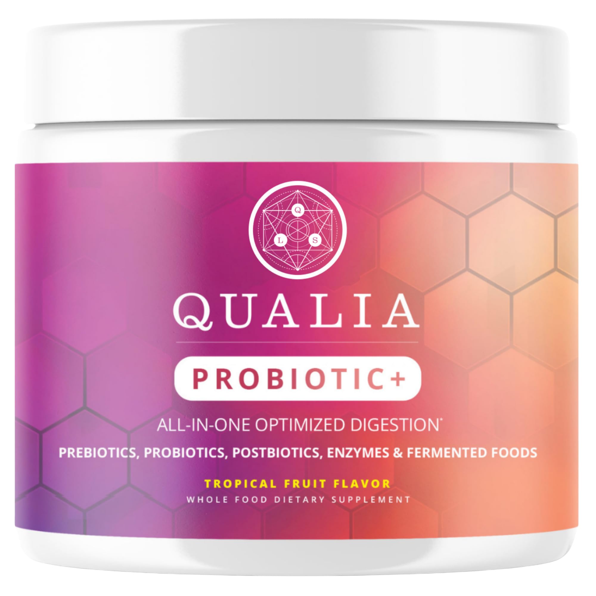 Qualia Probiotic packaging label highlights synbiotic blend