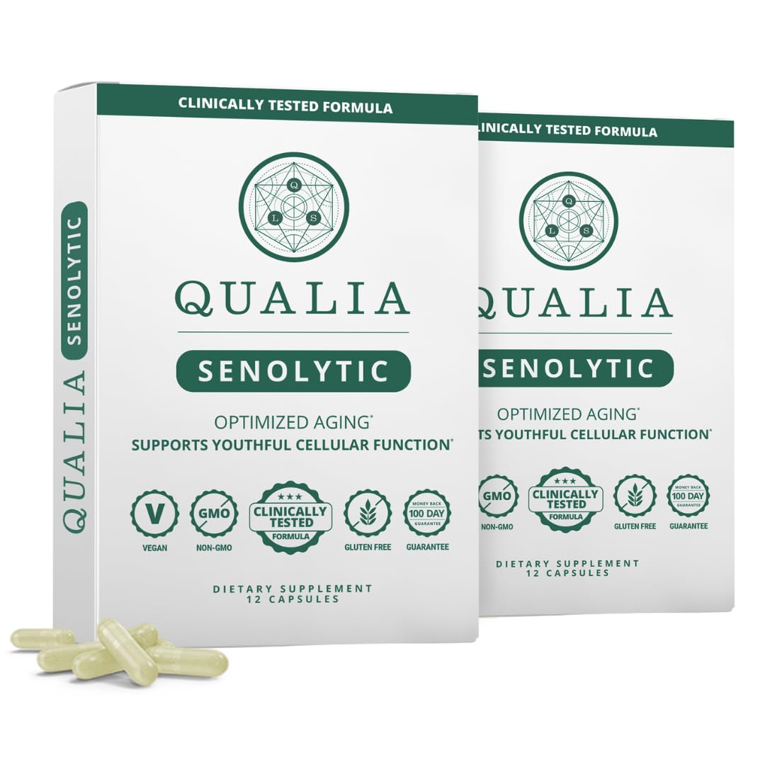 Qualia Senolytic bottle front shows branding and signals daily aging-support potential.