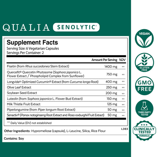 Qualia Senolytic capsules closeup highlights soft capsules for convenient daily use.