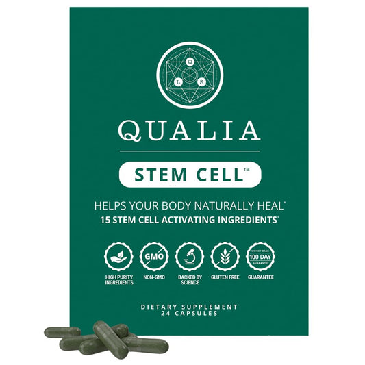 Qualia Stem Cell bottle close-up on a clean surface for daily wellness routine.