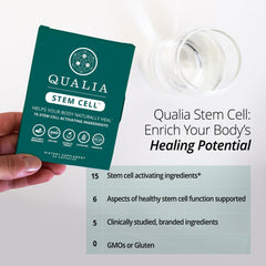 Qualia Stem Cell bottle with glass of water, ready for daily supplementation.