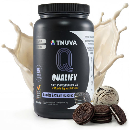 Qualify Cookies and Cream protein powder bottle showing 25g protein per serving.
