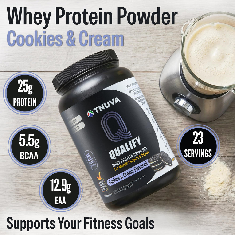 Qualify Cookies and Cream protein powder scoop with powder ready for mixing.