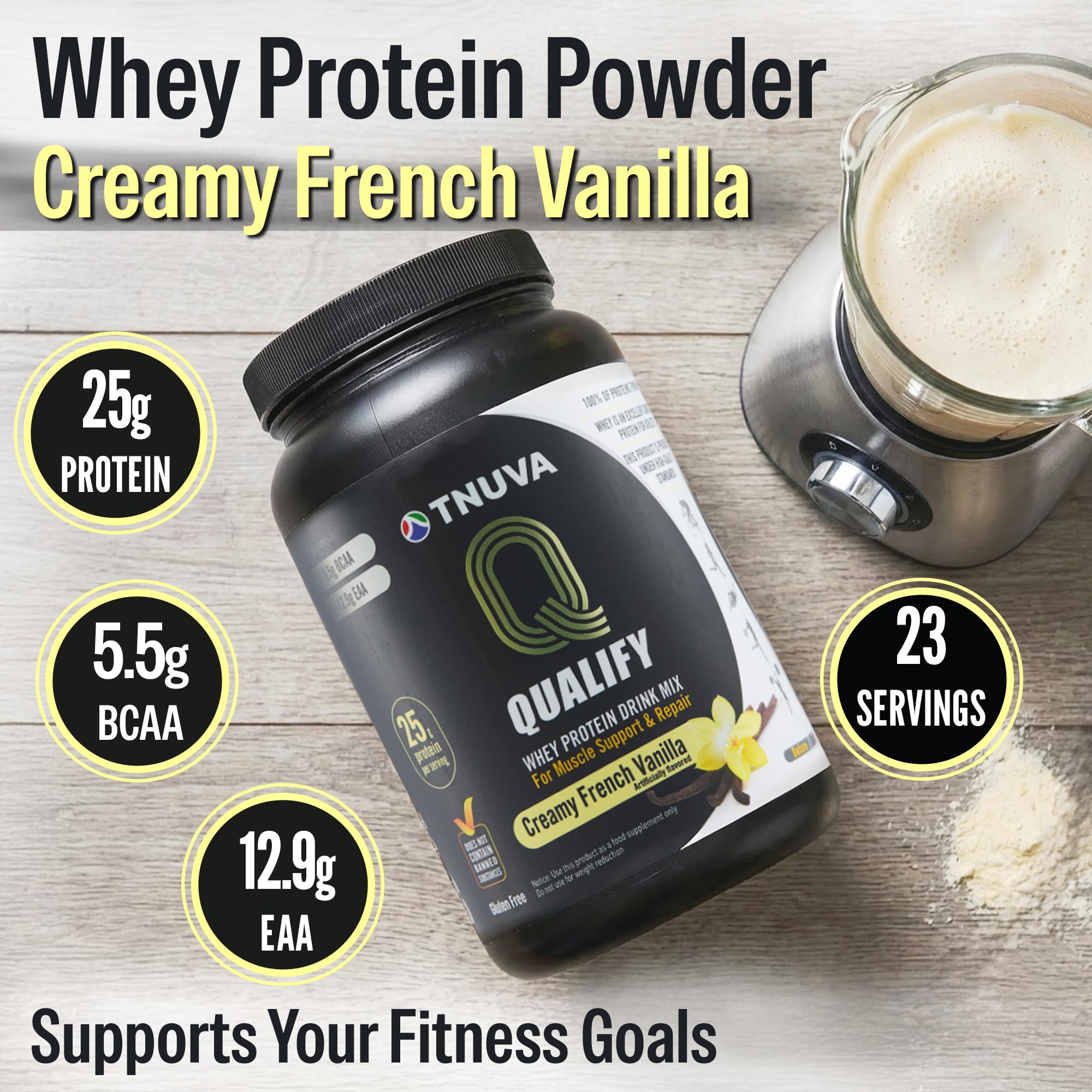 Qualify vanilla protein powder label highlights kosher certification and purity