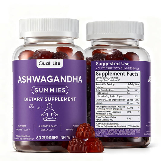 QualiLife Ashwagandha Gummies bottle closeup suggesting daily calm support