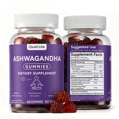 QualiLife Ashwagandha Gummies bottle closeup suggesting daily calm support