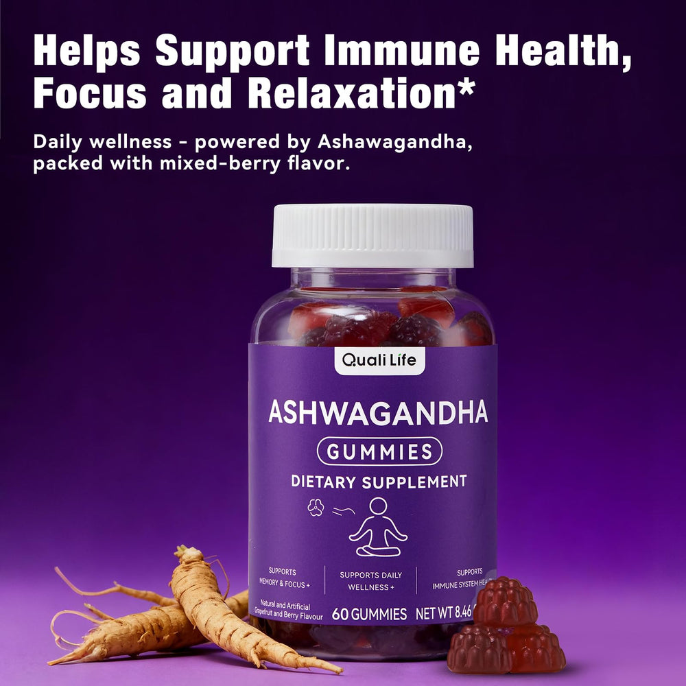 QualiLife Cranberry-Chaste Tree-Ashwagandha gummies packaging highlights plant-based wellness