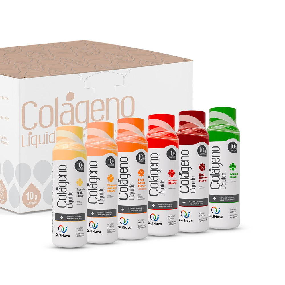 Qualinova hydrolyzed liquid collagen bottle for easy daily beauty support.