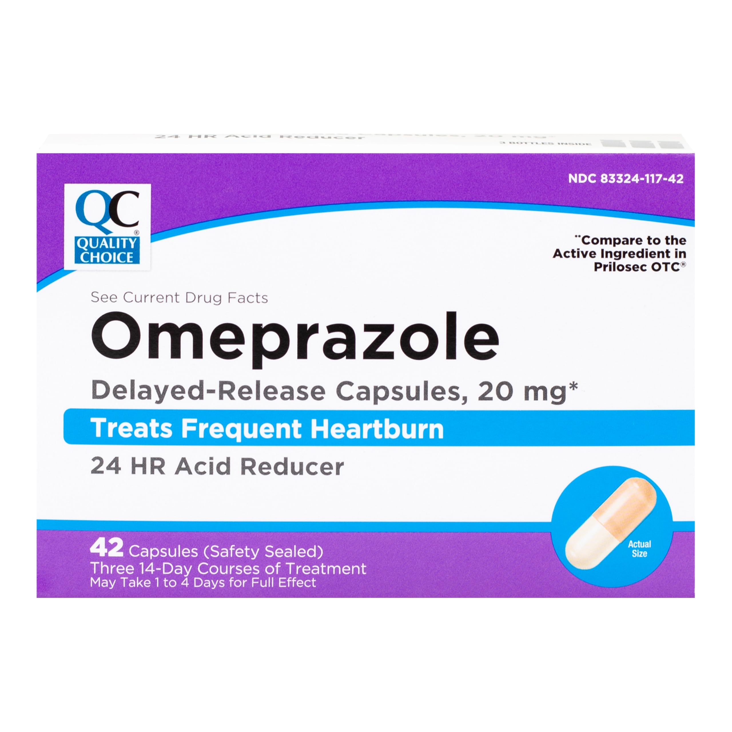 Quality Choice Omeprazole capsules closeup highlighting dosage and daily use.
