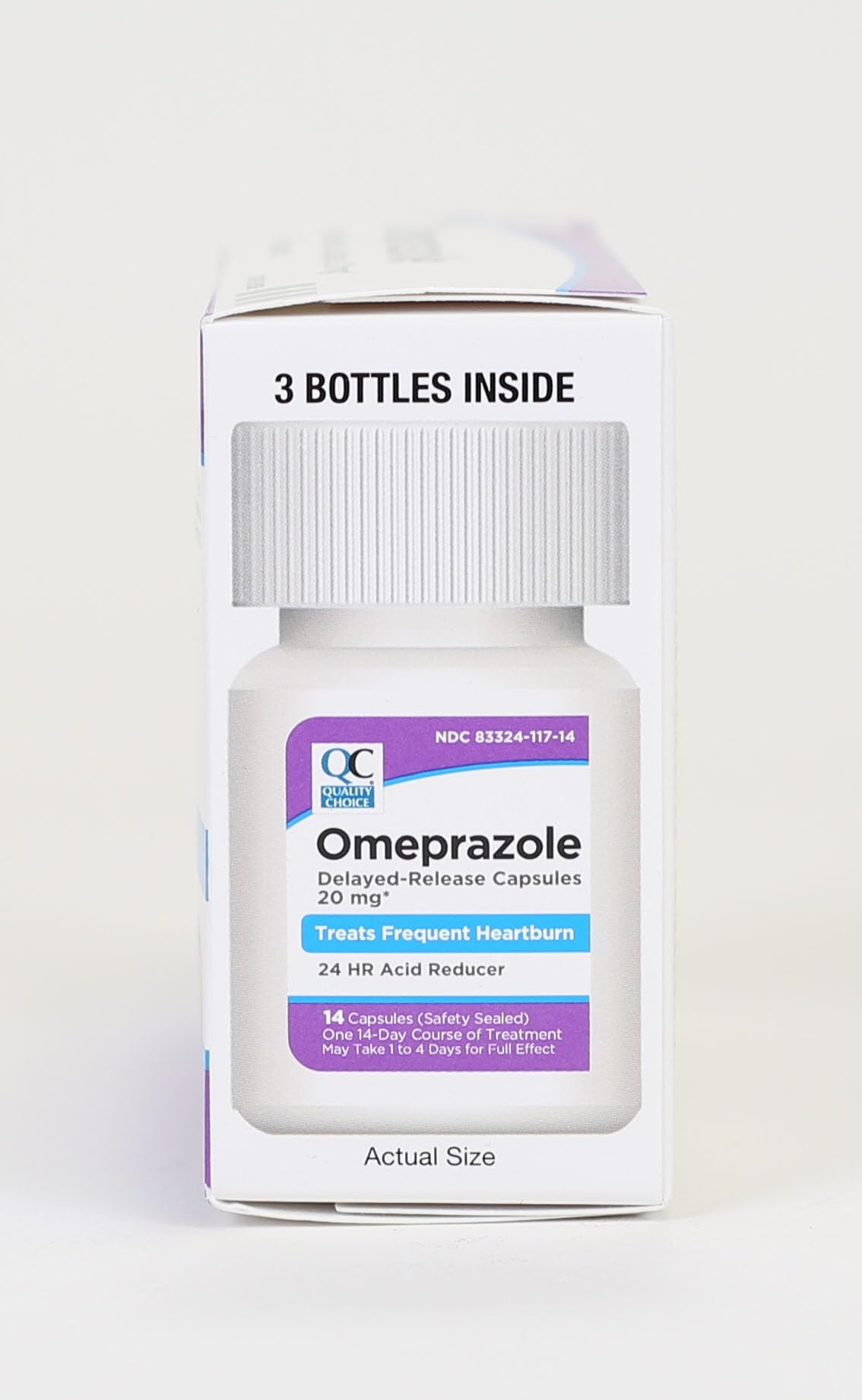 Quality Choice Omeprazole pill dispense image suggests measured daily intake.