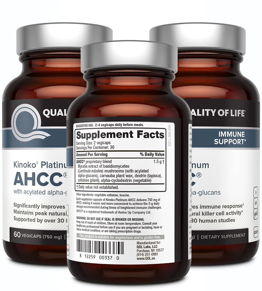 Quality of Life AHCC Kinoko Platinum bottle back with supplement facts.